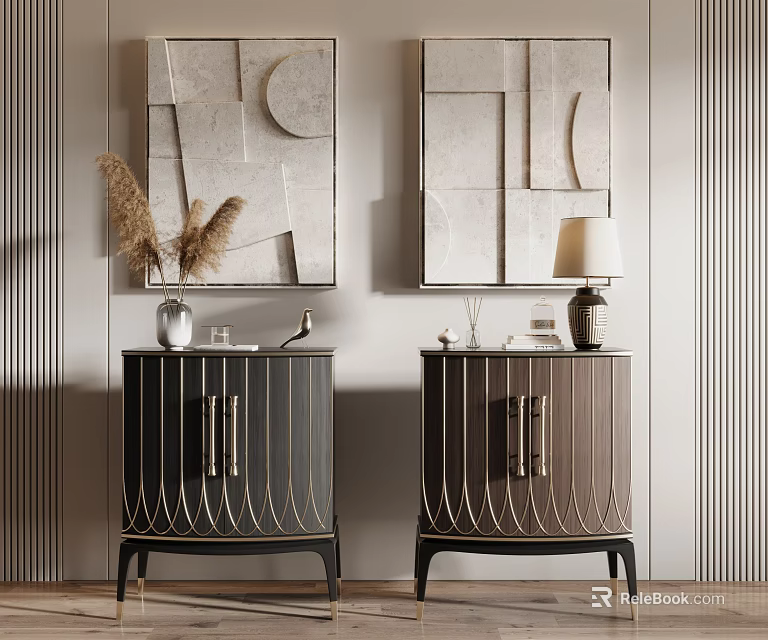 Modern Two Tone Nightstands With Lamp Vase And Geometric Wall Art On Striped Wall 3d model 
