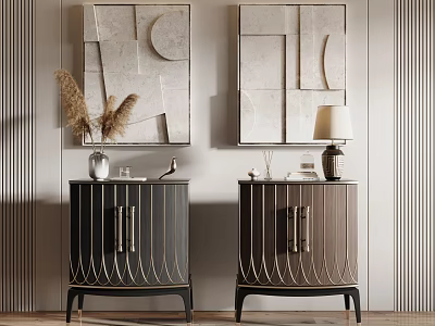Modern Two Tone Nightstands With Lamp Vase And Geometric Wall Art On Striped Wall 3d model