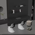 Modern Black Desk Setup With White Chairs Wall Shelves And Decorative Items