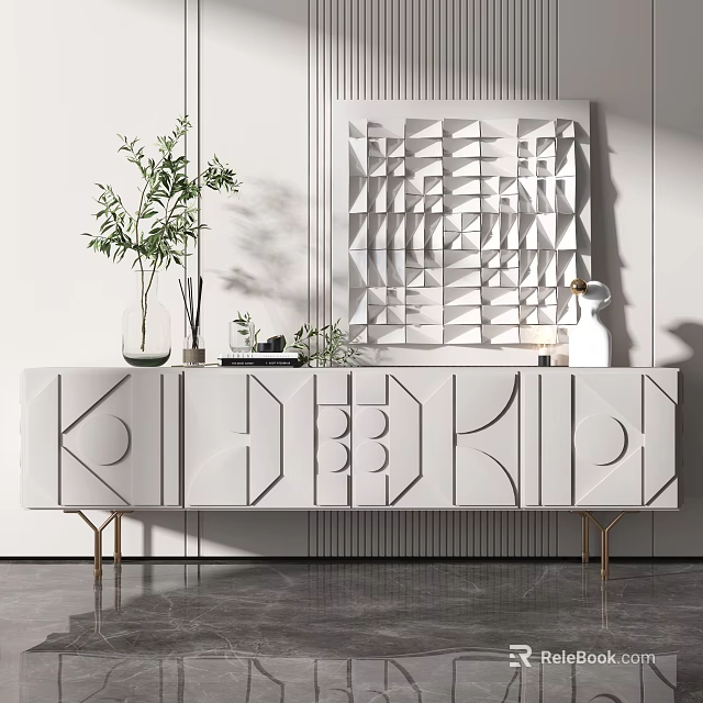 Modern White TV Stand Featuring Geometric Patterns Golden Legs Decorative Plants And Abstract Wall Art 3d model 