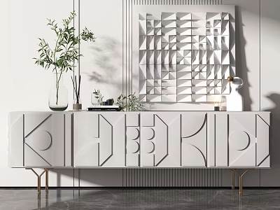 Modern White TV Stand Featuring Geometric Patterns Golden Legs Decorative Plants And Abstract Wall Art 3d model