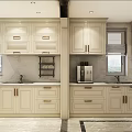 Modern Kitchen Interior With Light Cabinets Marble Countertop Sink And Hanging Utensils