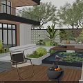 Modern Courtyard Garden With Wooden Deck Lush Greenery Outdoor Sofa Water Feature And Fire Pit