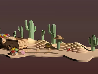 Desert Themed Decorative Ornament Set With Green Cacti Wooden Cart Straw Hat And Sandy Steps 3d model