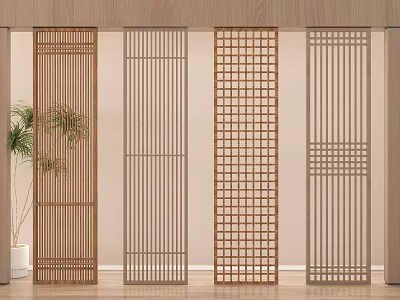 Modern Interior Design With Wooden Room Dividers Featuring Various Grid And Slatted Patterns 3d model