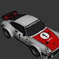 Vintage Porsche Race Car with White Body Red Hood Number 1 and Sponsor Logos