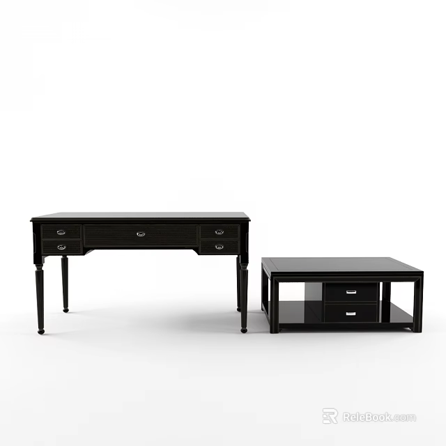Modern Black Office Desk With Drawers And Matching Small Side Table 3d model 
