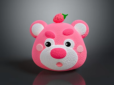 Cute Pink Bear Head Plush Toy With Strawberry Decoration And Soft Texture 3d model