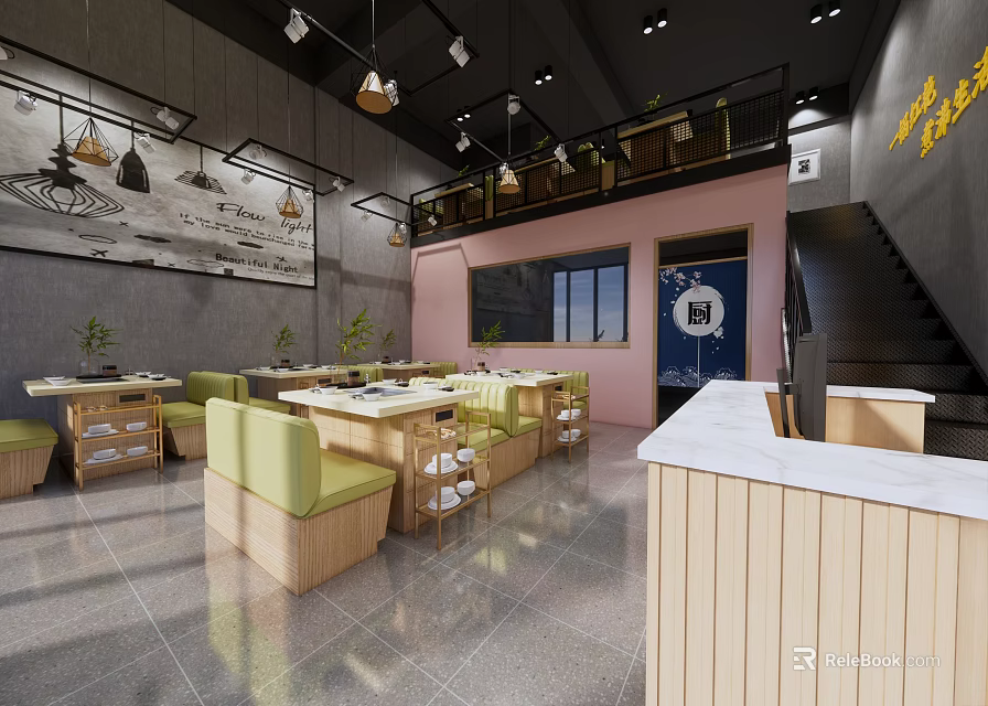 Modern Hot Pot Restaurant Interior With Wooden Tables Green Seats And Decorative Wall Art 3d model 