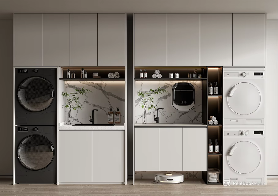 Elegant Modern Bathroom Cabinet With Marble Countertop Washing Machine Dryer Faucet And Potted Plant 3d model 