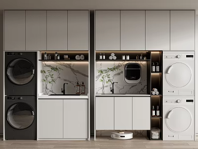 Elegant Modern Bathroom Cabinet With Marble Countertop Washing Machine Dryer Faucet And Potted Plant 3d model