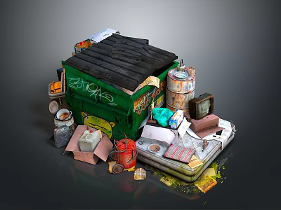 Green Garbage Dumpster With Black Roof Graffiti Various Barrels Cardboard Boxes And Junk 3d model