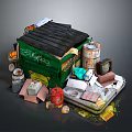 Green Garbage Dumpster With Black Roof Graffiti Various Barrels Cardboard Boxes And Junk