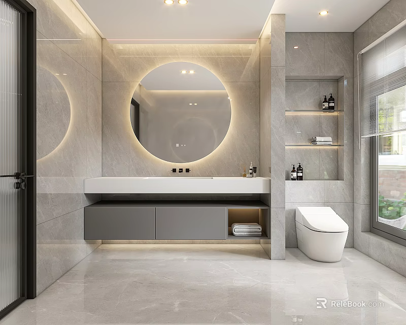 Modern Bathroom Interior With Round Mirror Marble Vanity Toilet And Floating Shelves 3d model 