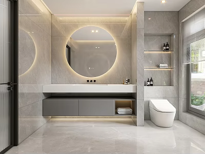 Modern Bathroom Interior With Round Mirror Marble Vanity Toilet And Floating Shelves 3d model