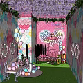 Pink Themed Party Decor With Colorful Balloons Green Plants And Gift Boxes