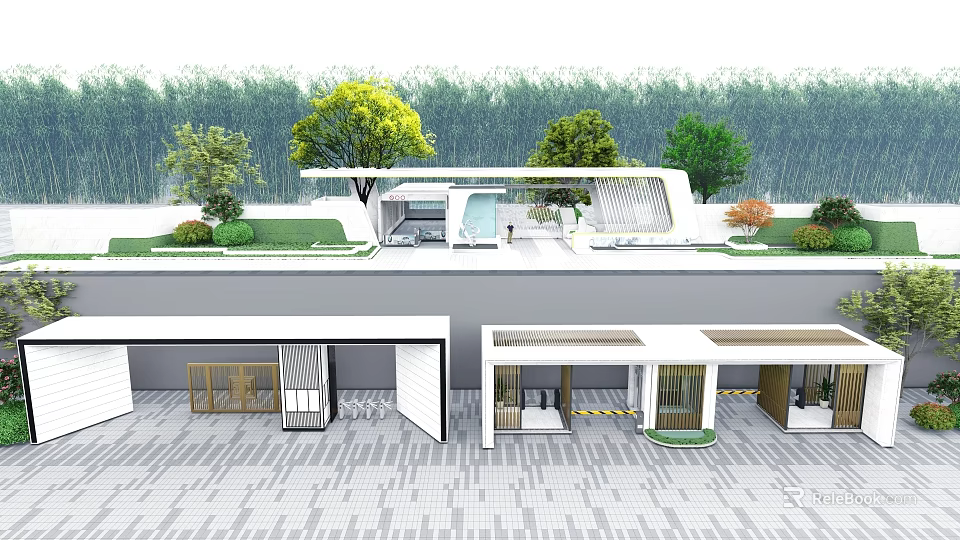 Modern Entrance Gate Design With Landscaping Green Trees And Paved Ground 3d model 