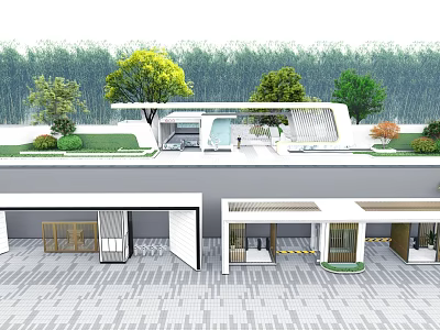 Modern Entrance Gate Design With Landscaping Green Trees And Paved Ground 3d model