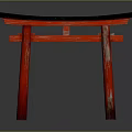 Red Traditional Japanese Torii Gate With Black Top And Wooden Frame