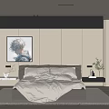 Modern Minimalist Bedroom Featuring Light Colored Wall Painting Above Bed White Bedding And Brown Chair