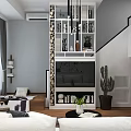 Modern Apartment Living Room With Open Bookshelf Sofa TV And Green Plants