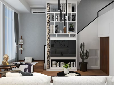 Modern Apartment Living Room With Open Bookshelf Sofa TV And Green Plants 3d model