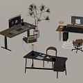 Modern Middle Ancient Desk and Chair Computer Table Lamp Potted Plant 3d model