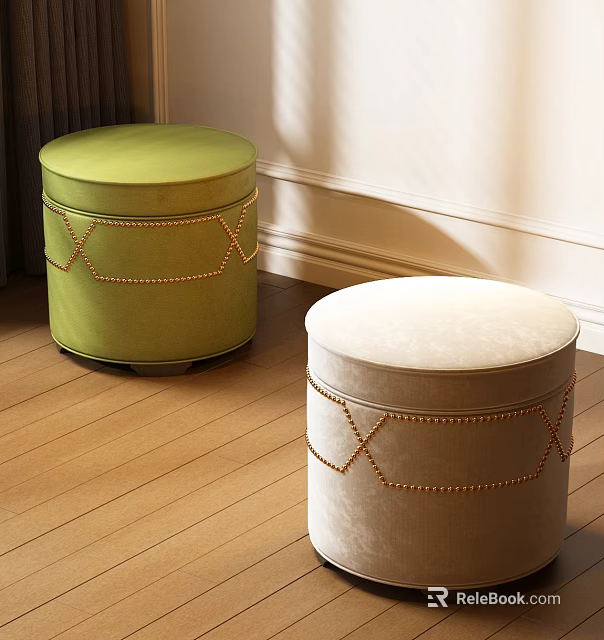 Round Green And Beige Velvet Ottomans With Stitched Nailhead Trim On Wooden Floor White Wall 3d model 