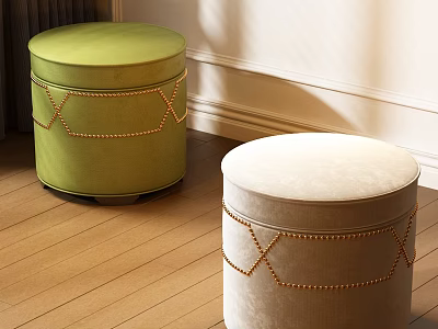 Round Green And Beige Velvet Ottomans With Stitched Nailhead Trim On Wooden Floor White Wall 3d model