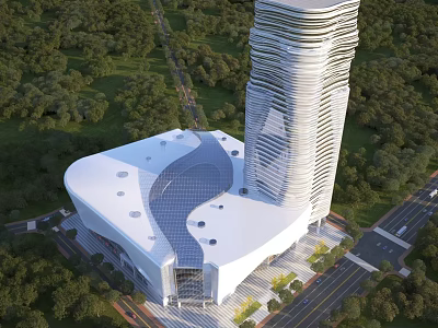 Aerial View Planning of Modern Tower Building and Curved Roof Structure with Surrounding Greenery 3d model