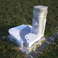 Aerial View Planning of Modern Tower Building and Curved Roof Structure with Surrounding Greenery