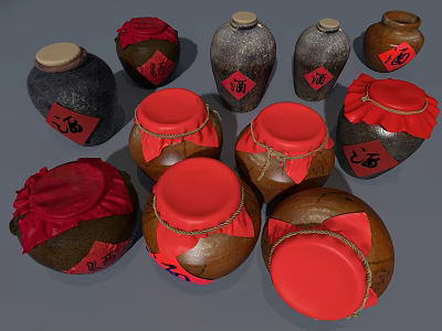 Traditional Clay Wine Bottles With Red Lids And Red Labels For Chinese Wine 3d model