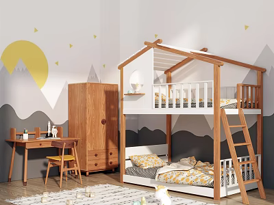 Kids Room Wooden Bunk Bed With House Shaped Roof Wardrobe Desk And Decorative Wall 3d model