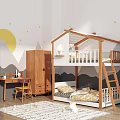Kids Room Wooden Bunk Bed With House Shaped Roof Wardrobe Desk And Decorative Wall