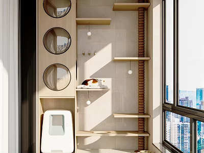Home Balcony Design with Wooden Shelves Circular Windows Cat White Appliance and City View 3d model