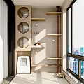 Home Balcony Design with Wooden Shelves Circular Windows Cat White Appliance and City View