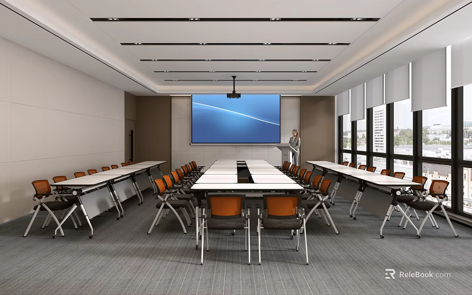 Modern Conference Room With Long Table Projection Screen Chairs And Large Windows 3d model