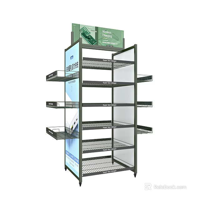 Metal Frame Retail Display Shelving Unit With Multiple Shelves Side Panel And Top Product Box 3d model 