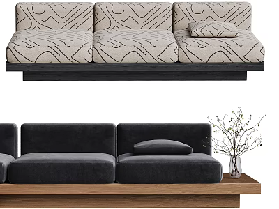 Geometric Pattern And Black Velvet Three Seater Sofa With Decorative Vase And Branches 3d model