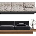 Geometric Pattern And Black Velvet Three Seater Sofa With Decorative Vase And Branches
