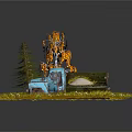 Light Blue Vintage Truck And Orange Leaf Tree In Grass With White Flowers