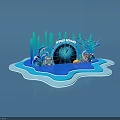 Wild Oceans Themed Display With Blue Water Scene Seaweed Ship Wheel And Lifebuoy