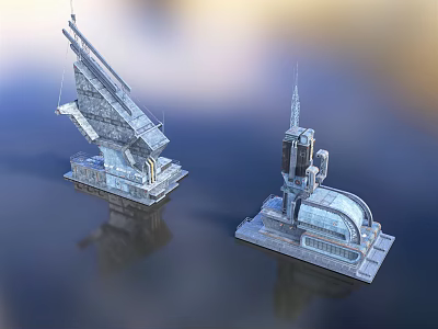 Futuristic Architecture Models With Metallic Spires Floating On Water Surface 3d model