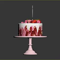 Happy Birthday Cake With White Frosting Pink Drizzle Strawberries And Flowers On Pink Stand