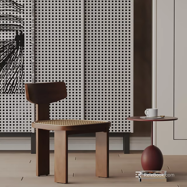 Modern Wooden Dining Chair With Woven Seat And Perforated Wall Panel Near Small Side Table 3d model 