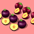 Fresh Deep Purple Plums Whole And Sliced With Green Leaves On Pink Background