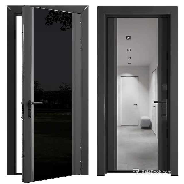 Modern Hinged Door With Glass Panel And Black Frame For Interior Exterior Space 3d model 