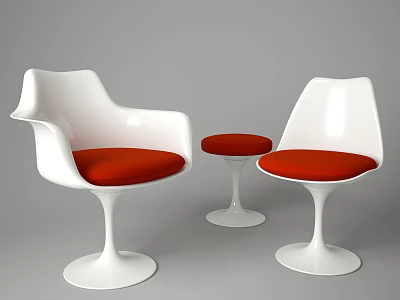 Modern White Chair and Table Set with Red Cushions and Pedestal Base 3d model