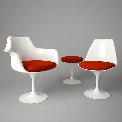 Modern White Chair and Table Set with Red Cushions and Pedestal Base 3d model