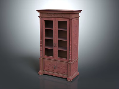 Red Carved Wooden Cabinet With Glass Doors And Multiple Storage Shelves 3d model